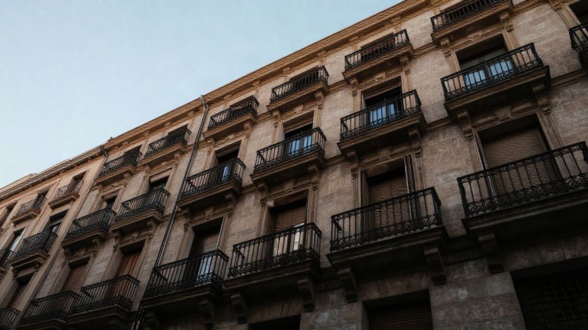 Imagen ilustrativa: ángulo bajo de una fachada de edificio residencial con balcones y cielo despejado