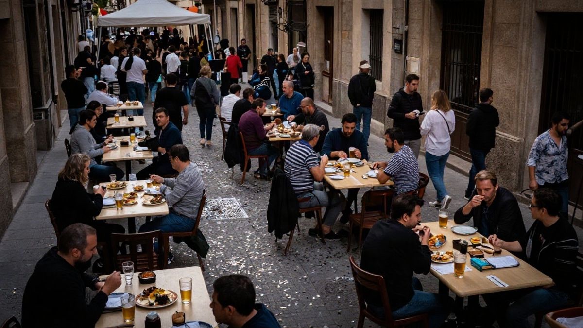 Imagen ilustrativa: vista cenital de mesas con tapas y cervezas en una calle durante una fiesta gastronómica