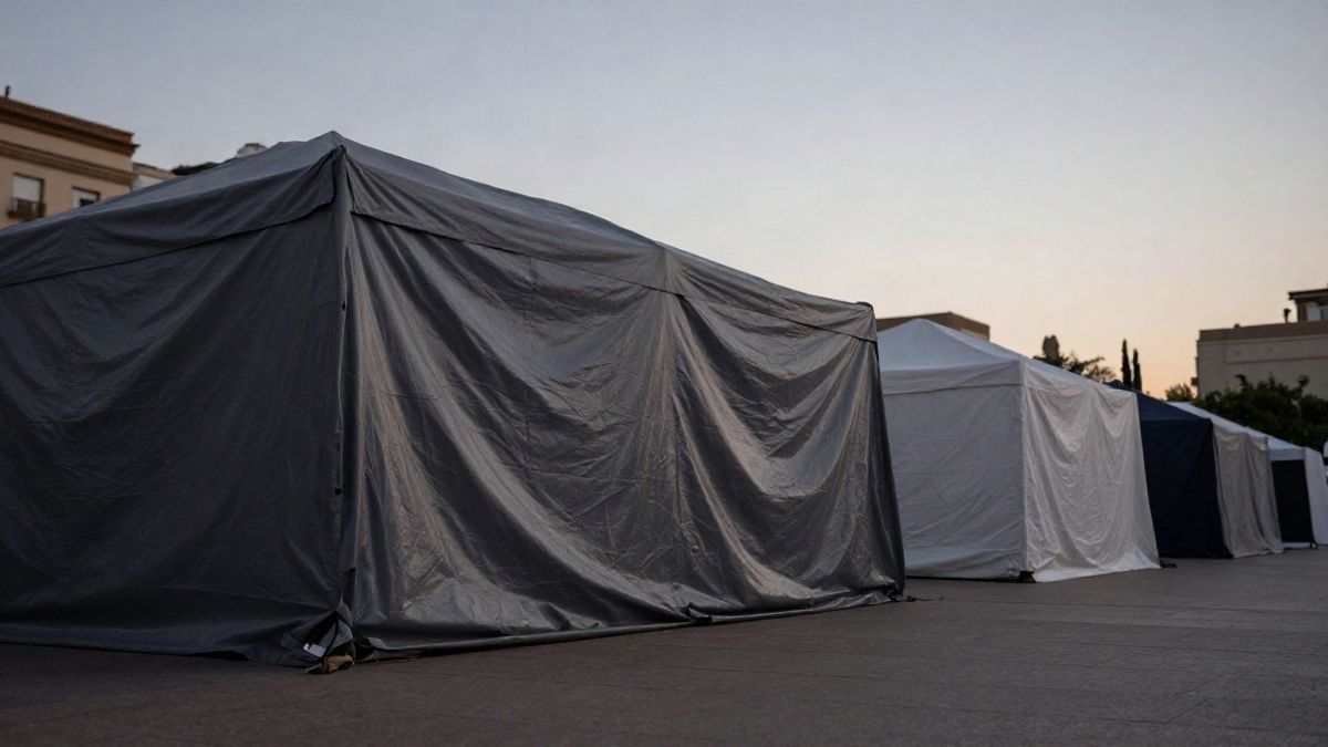 Imagen ilustrativa: lonas grises tensadas sobre tiendas de campaña en una plaza urbana al atardecer