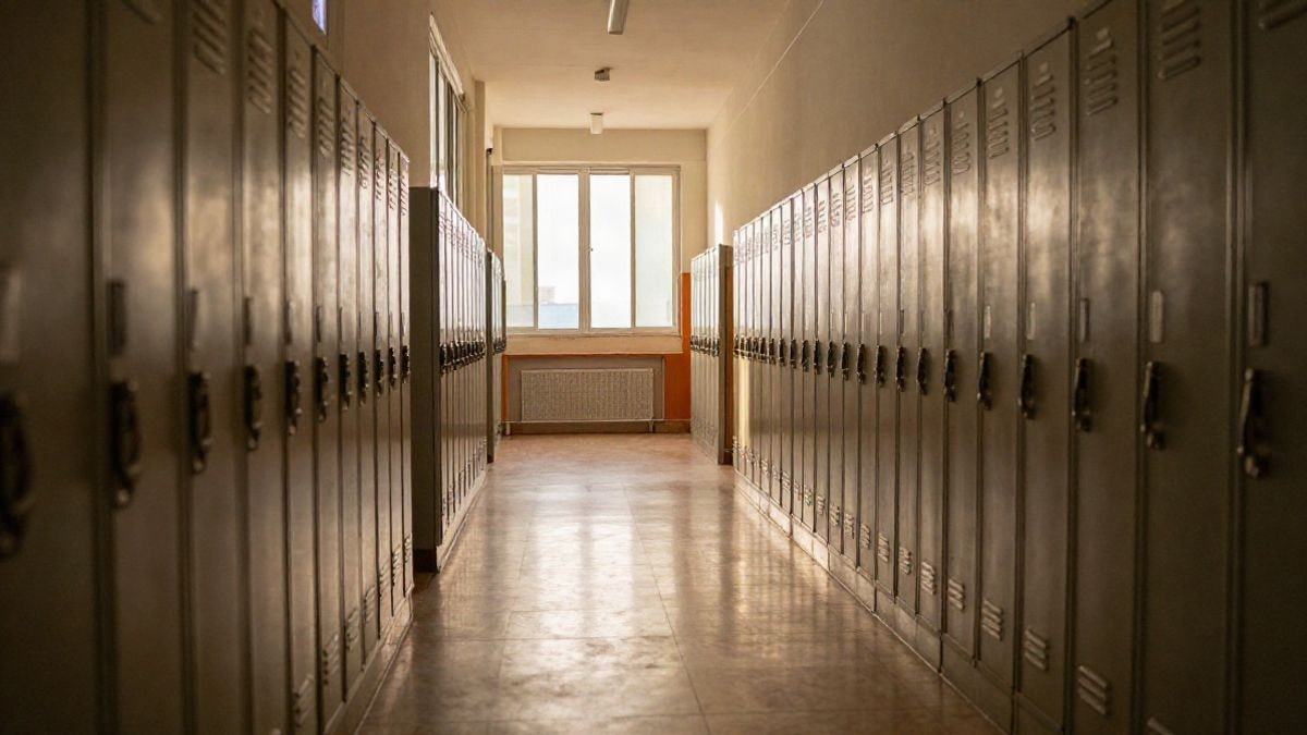 Imagen ilustrativa: pasillo vacío de un colegio con taquillas al atardecer