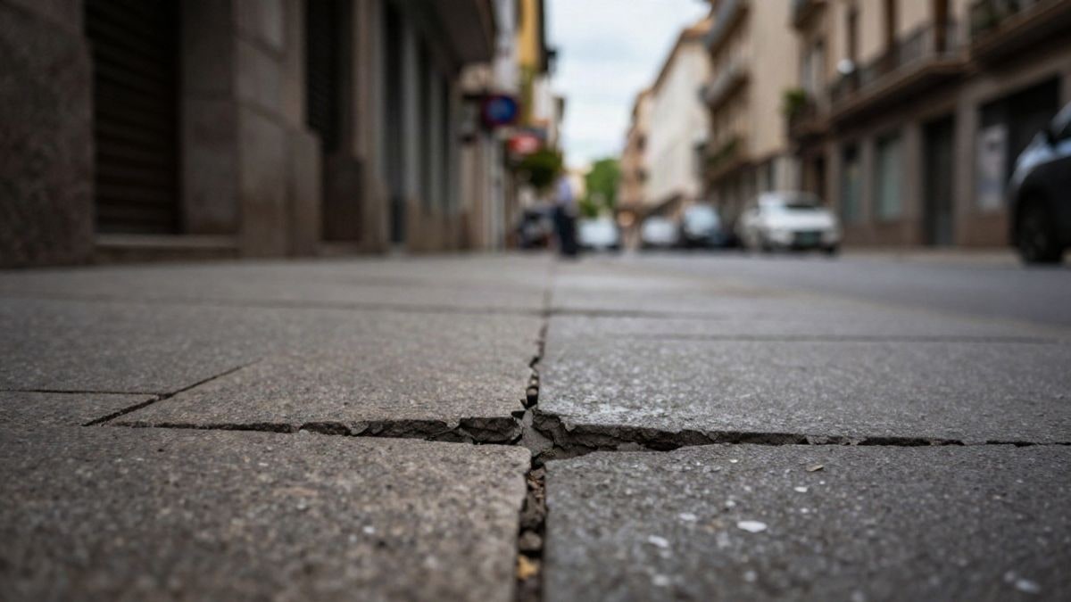 Imagen ilustrativa: ángulo bajo a ras de suelo de una acera con baldosas deterioradas y cielo de fondo