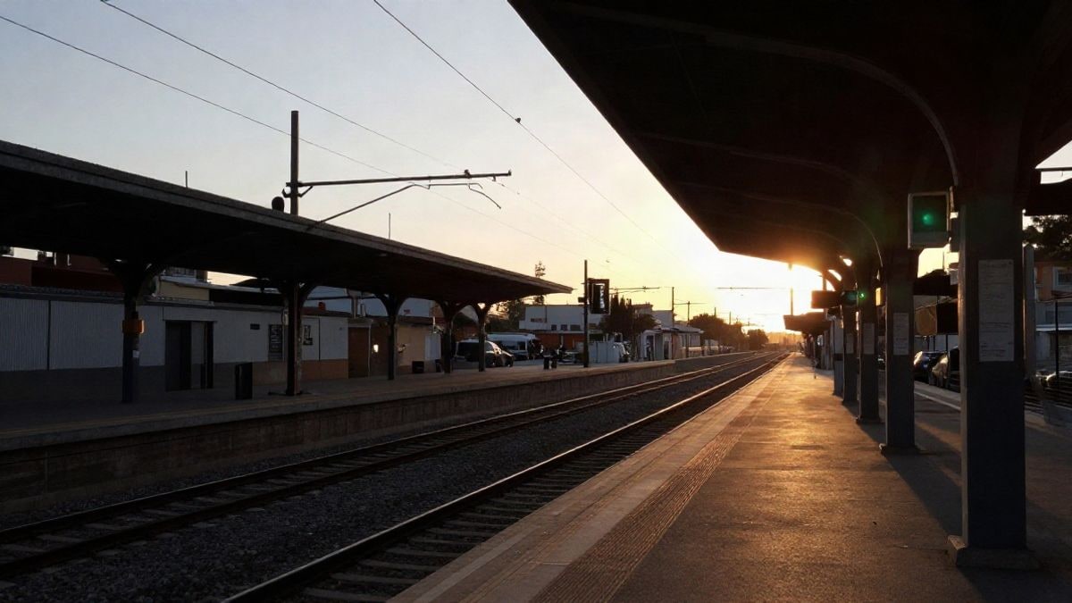 Imagen ilustrativa: andén de una estación de tren vacío al atardecer, con la vía y una señal ferroviaria en silueta