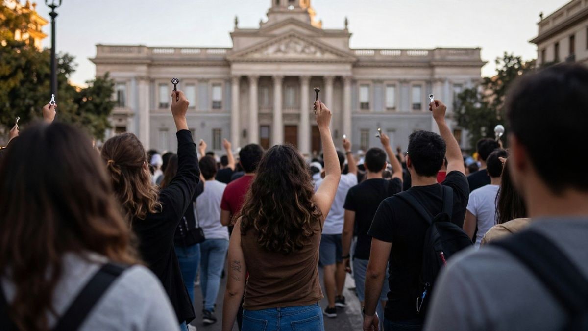 Imagen ilustrativa: multitud de espaldas con llaves en alto en una calle genérica hacia un edificio institucional