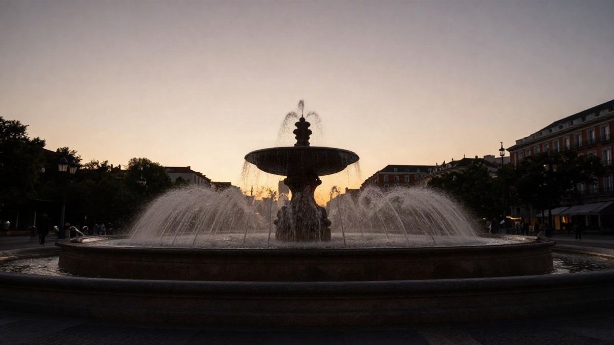 Imagen ilustrativa: la plaza de Cibeles vacía al atardecer, con la fuente en silueta y el cielo de fondo.