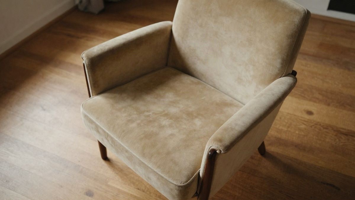 Imagen ilustrativa: sillón de diseño de madera clara y terciopelo visto desde arriba sobre un suelo de madera iluminado por luz natural