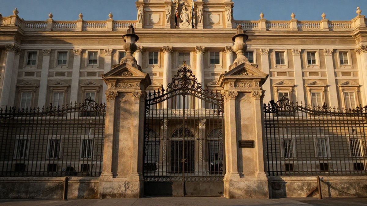 Imagen ilustrativa: fachada de un palacio histórico con la puerta entreabierta y luz de atardecer