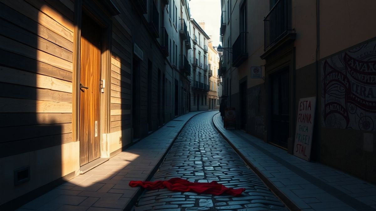 Imagen ilustrativa: calle estrecha con barreras laterales y pañuelos rojos en el suelo, iluminada por la luz del amanecer