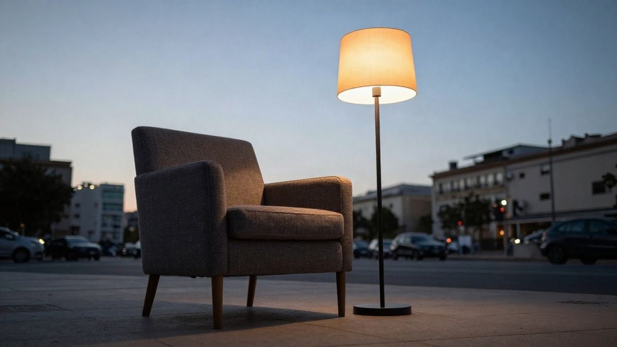 Imagen ilustrativa: un sillón elegante y una lámpara de pie en una acera, con un edificio al fondo desenfocado.