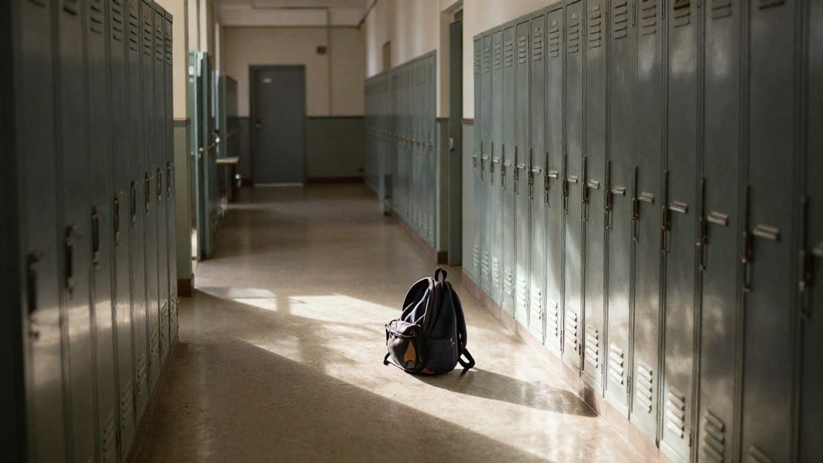Imagen ilustrativa: pasillo vacío de un centro educativo con taquillas metálicas y una mochila olvidada en el suelo