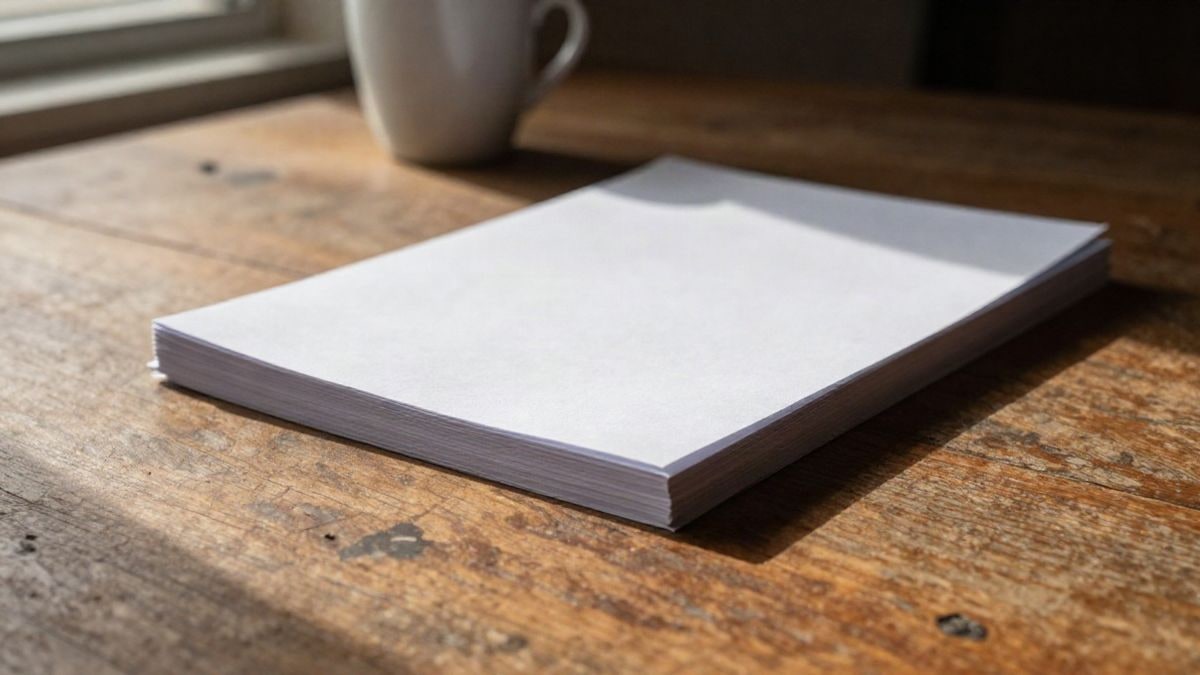 Imagen ilustrativa: mesa de madera envejecida con hojas en blanco y una taza de cerámica al fondo, iluminada por luz natural lateral