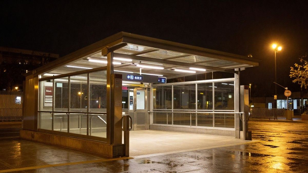 Imagen ilustrativa: entrada de una estación de metro moderna de noche con luz artificial