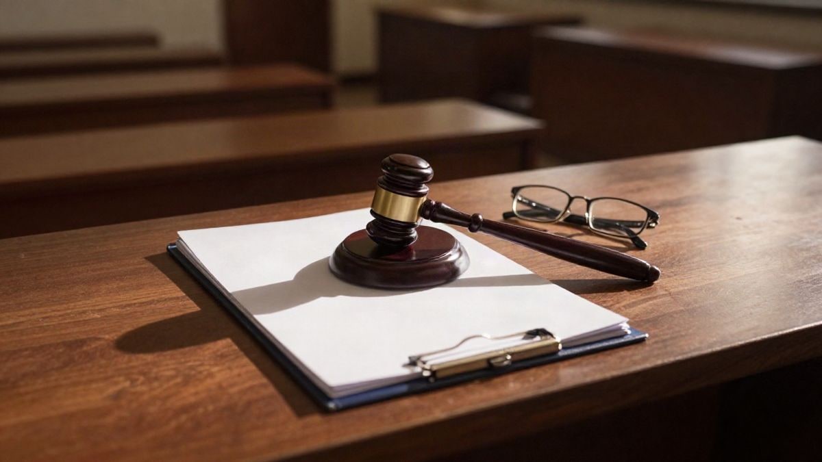 Imagen ilustrativa: vista cenital de un mazo de juez sobre un expediente en una mesa de tribunal