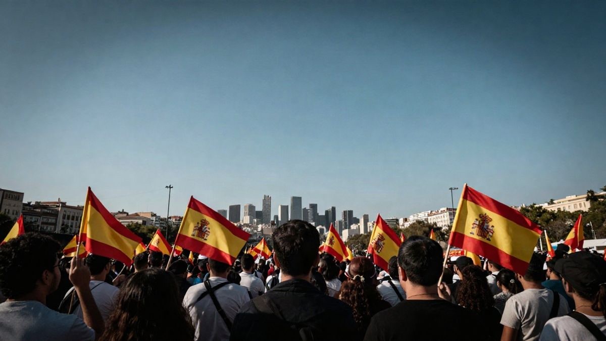 Imagen ilustrativa: multitud de espaldas con banderas en una plaza al atardecer