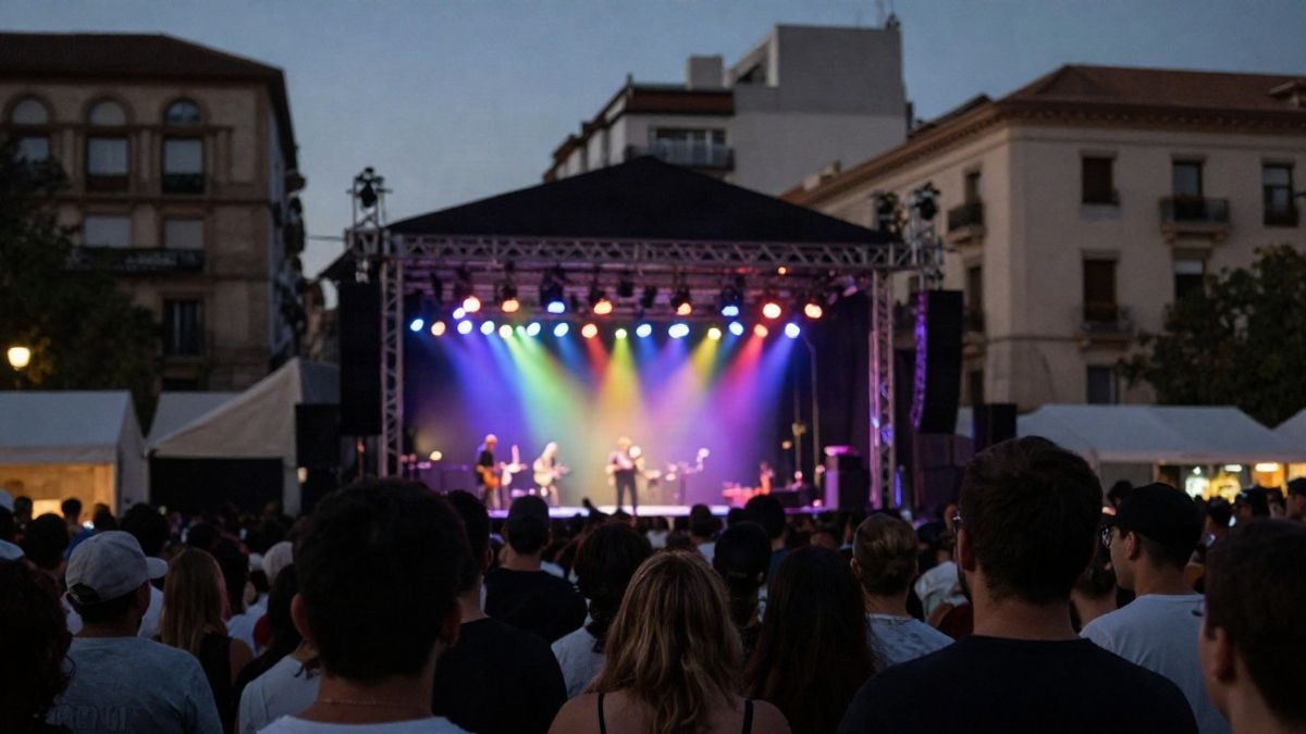 Imagen ilustrativa: escenario de un festival urbano nocturno con luces de colores y público al fondo