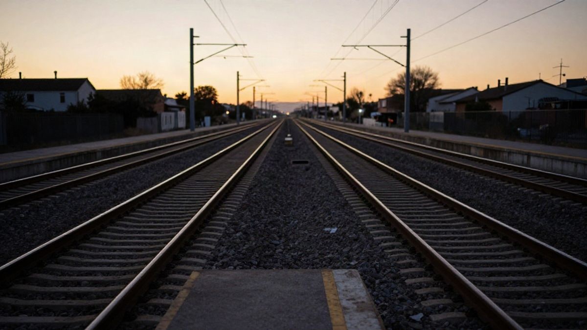 Imagen ilustrativa: vías de tren que convergen hacia el horizonte al atardecer bajo la catenaria.