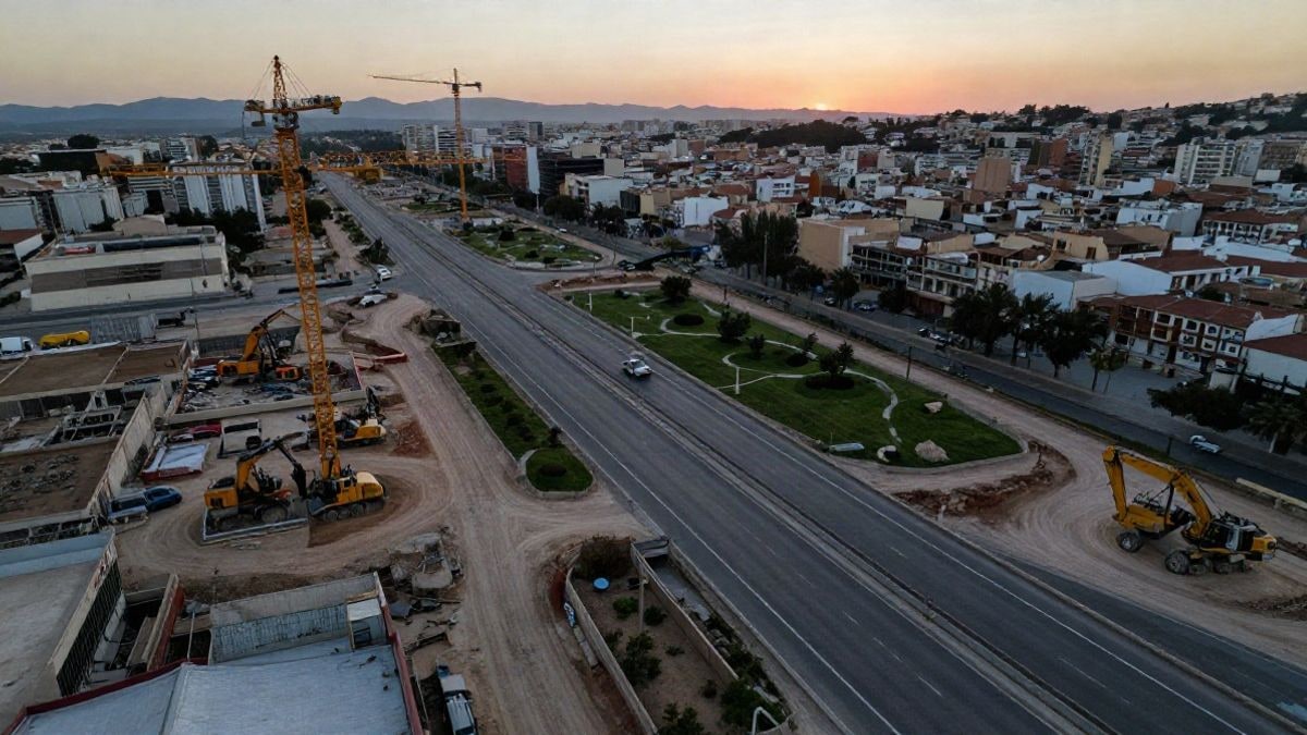 Imagen ilustrativa: vista aérea de una obra de autovía en una ciudad española al atardecer, con grúas y maquinaria