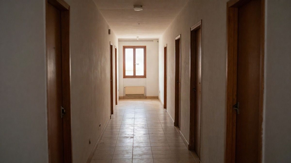 Imagen ilustrativa: pasillo vacío de un edificio residencial con puertas antiguas y luz al fondo
