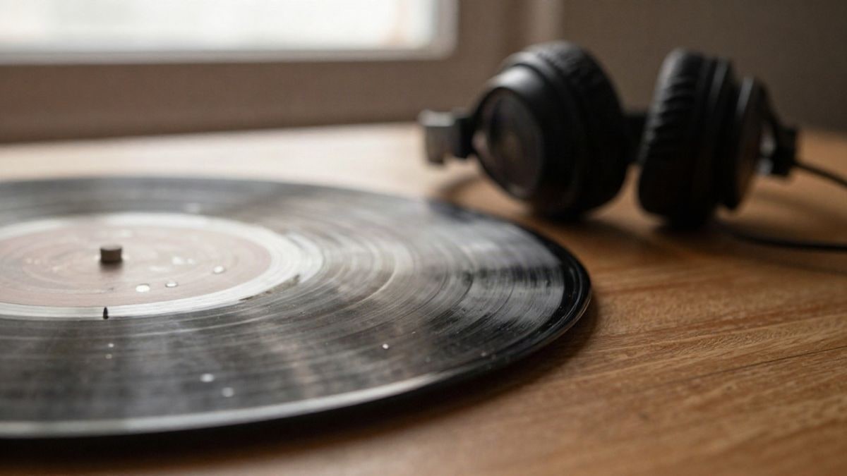 Imagen ilustrativa: detalle de una funda de vinilo desgastada y unos auriculares antiguos sobre una mesa de madera