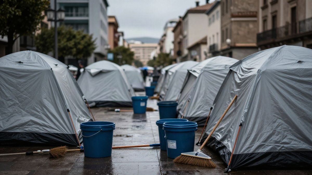 Imagen ilustrativa: tiendas de campaña cubiertas con plásticos bajo la lluvia en una plaza urbana