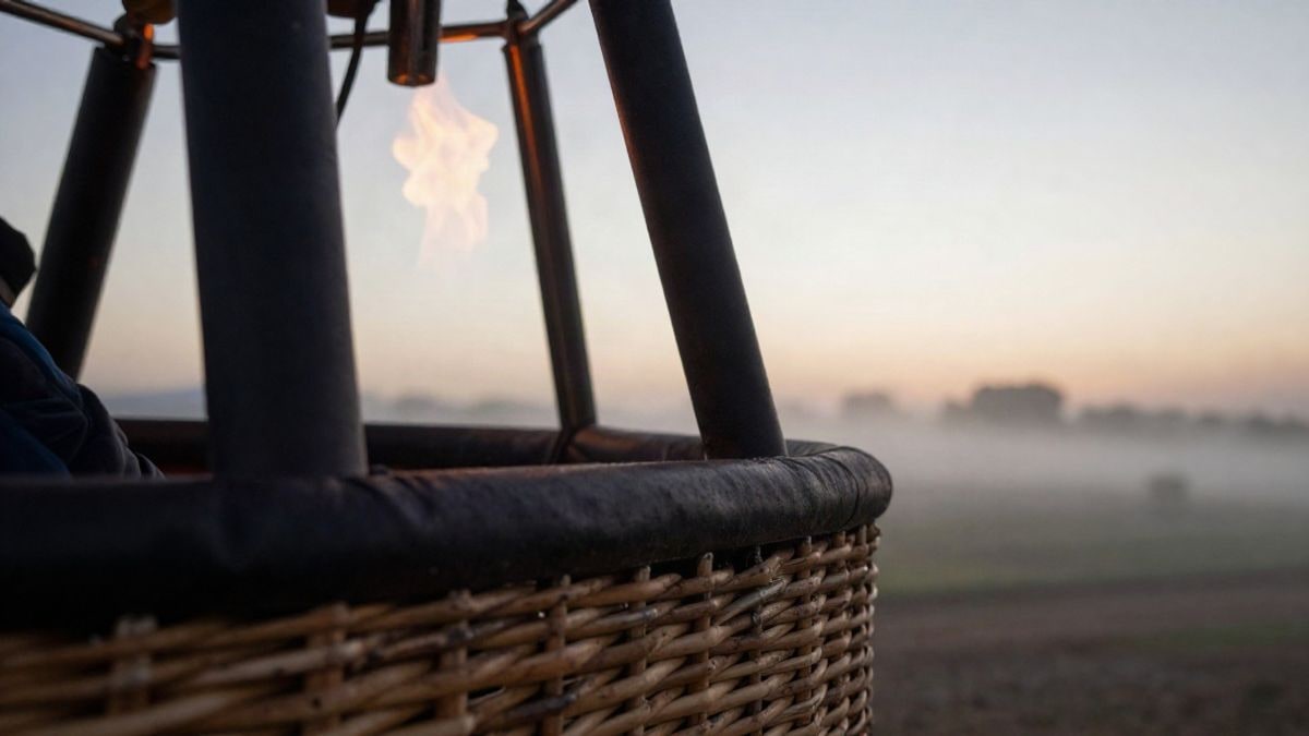 Imagen ilustrativa: cesta de mimbre de un globo aerostático al amanecer, con la llama del quemador encendida
