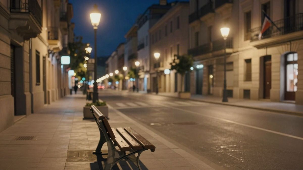 Imagen ilustrativa: una calle urbana de noche iluminada por farolas, con un banco y una jardinera al fondo
