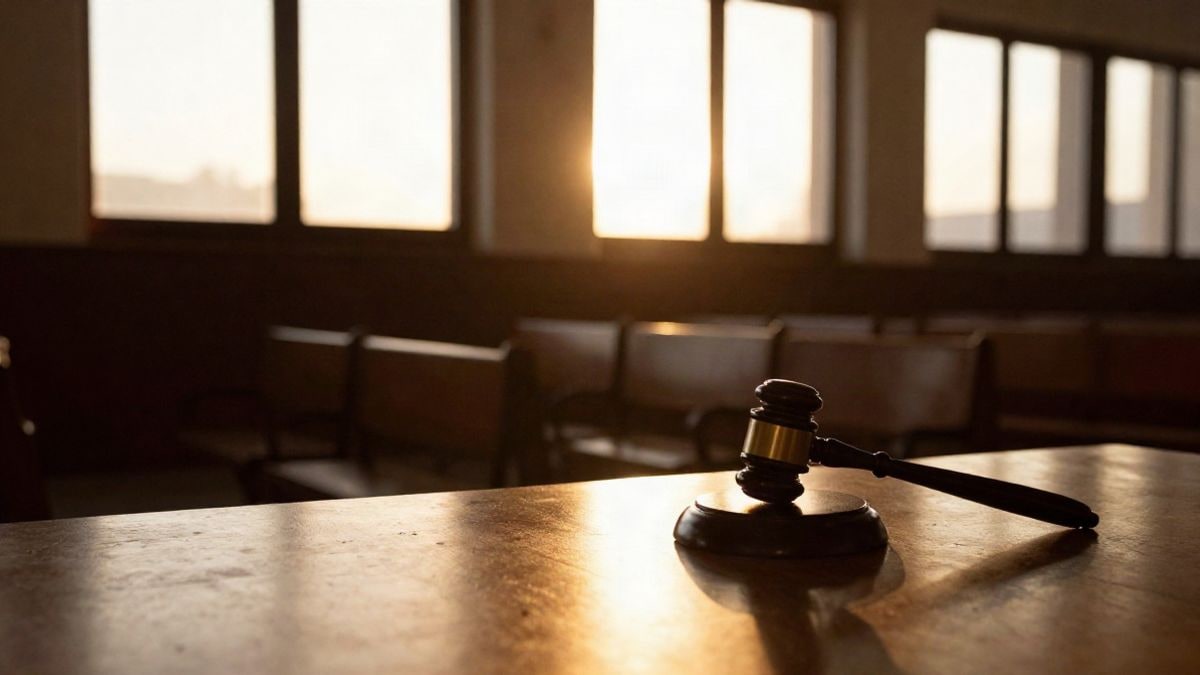 Imagen ilustrativa: silueta a contraluz de un banco vacío de sala de tribunal al atardecer