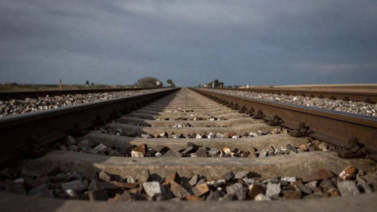 Imagen ilustrativa: vías de tren vacías bajo un cielo de atardecer, vistas desde el suelo.