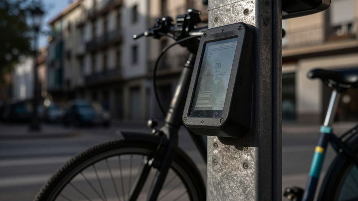 Imagen ilustrativa: primer plano de un poste de anclaje para bicicletas eléctricas en una calle urbana al atardecer.