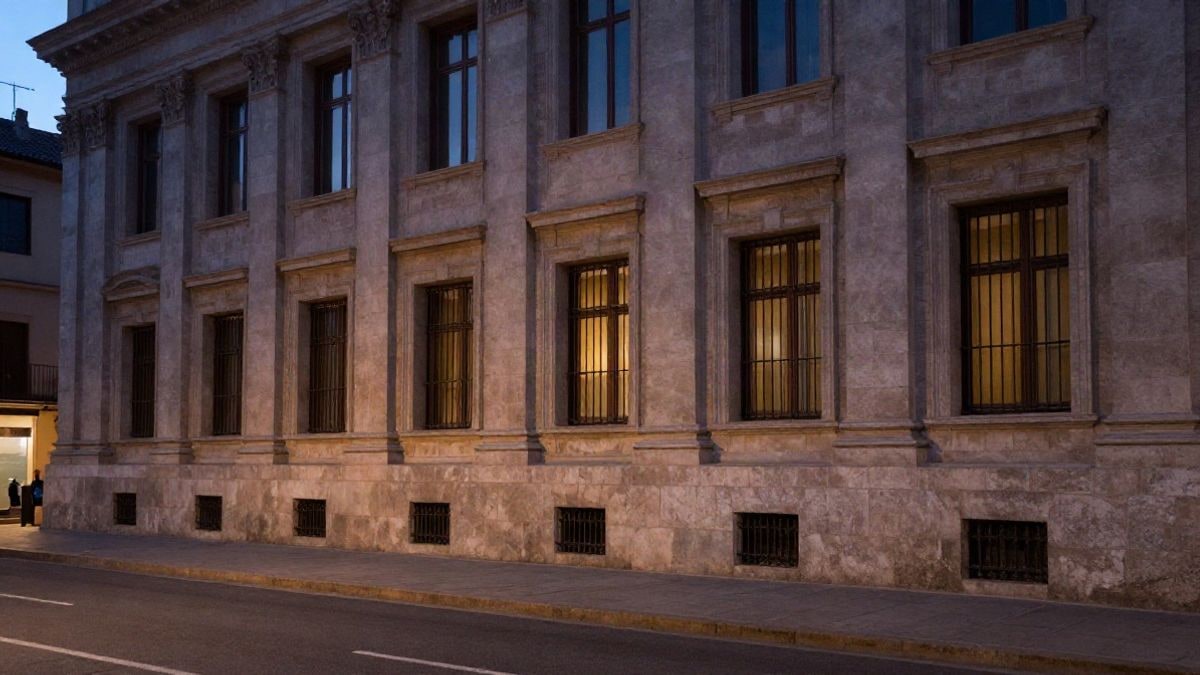 Imagen ilustrativa: fachada de piedra de un edificio institucional al atardecer, vista lateral con poca profundidad de campo