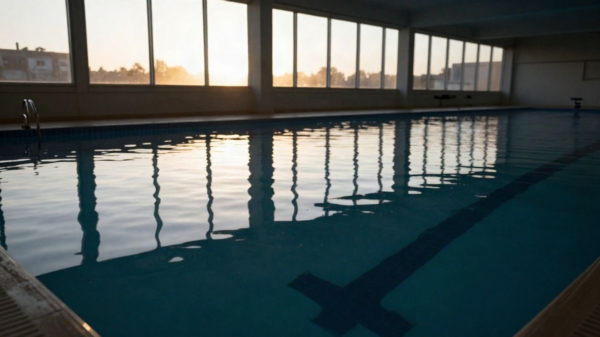 Imagen ilustrativa: piscina cubierta vacía con el agua en calma y sombras largas al atardecer
