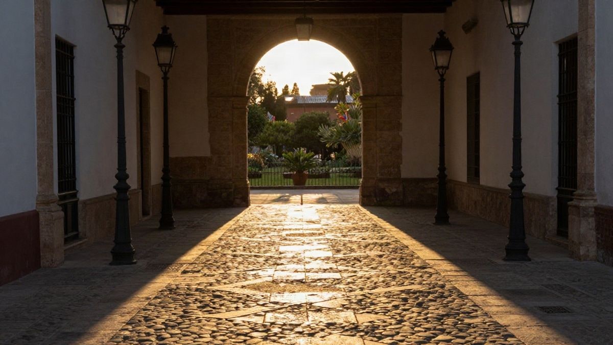 Imagen ilustrativa: patio histórico con arco de piedra y sombras al atardecer
