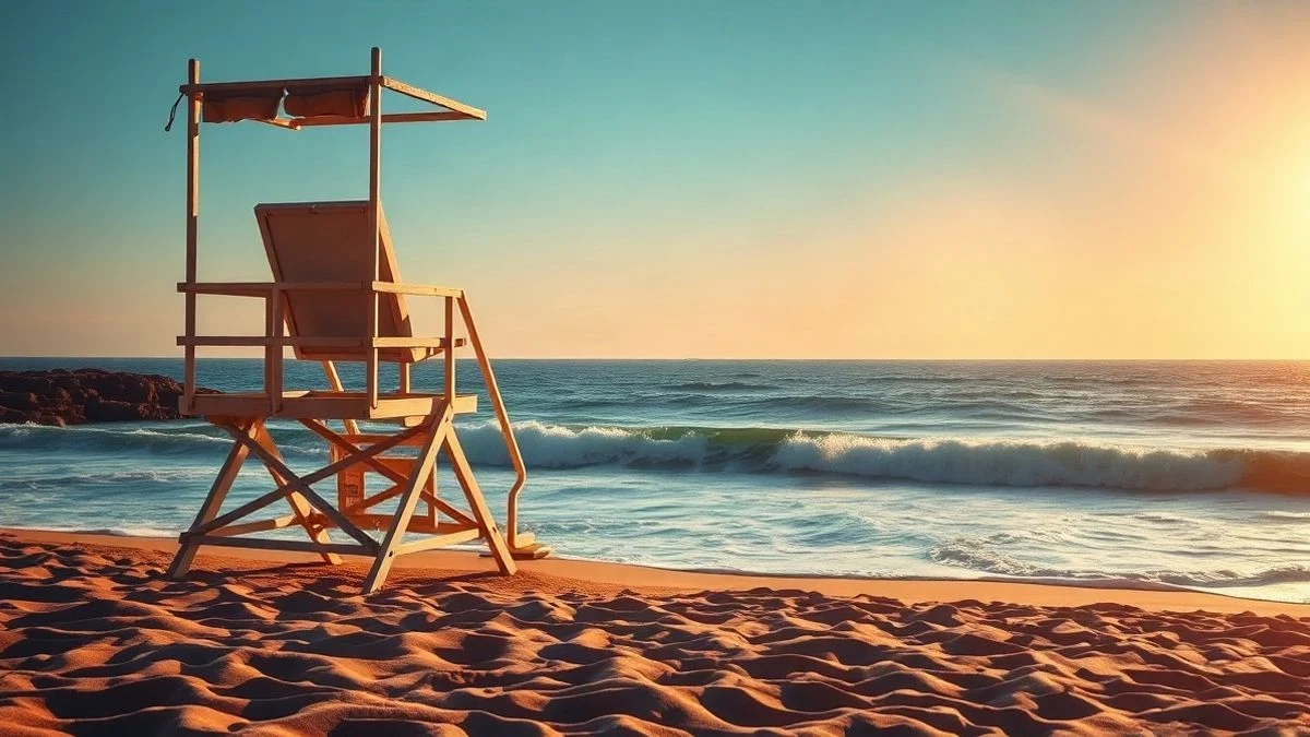 Imagen ilustrativa: playa mediterránea al atardecer con sombrilla y toalla, sin personas visibles.