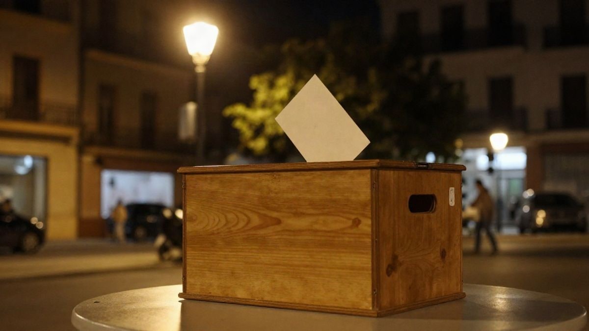 Imagen ilustrativa: una urna de madera sobre una mesa bajo una farola, con luces urbanas desenfocadas de noche