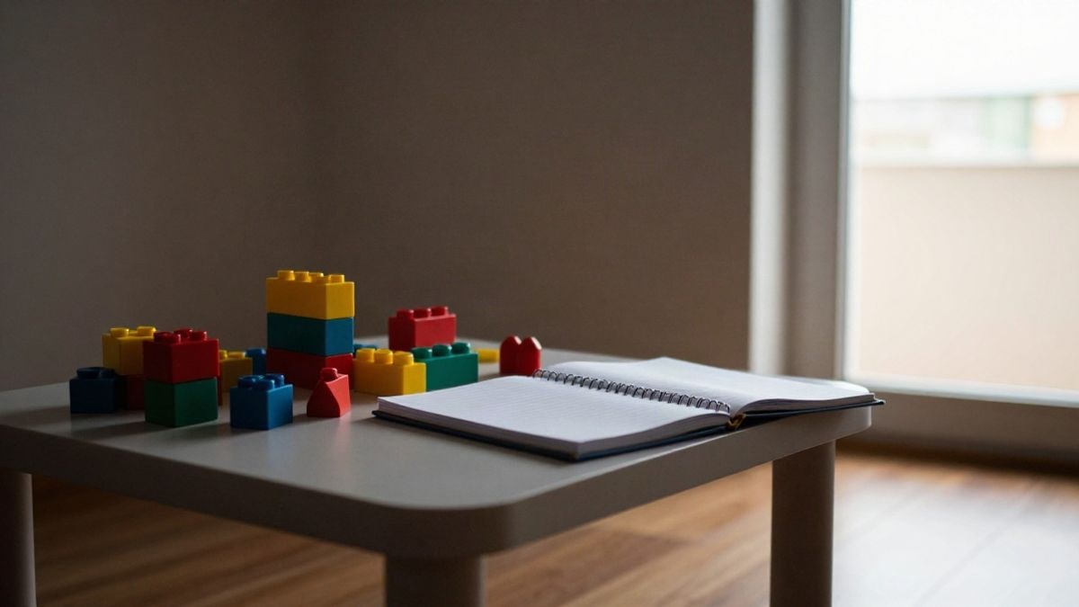 Imagen ilustrativa: vista cenital de una sala de terapia infantil con juguetes y materiales sobre una mesa baja
