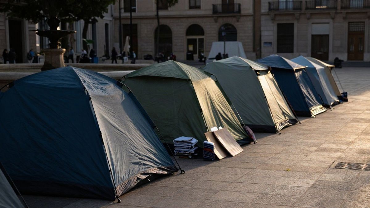 Imagen ilustrativa: tiendas de campaña instaladas en una plaza de piedra al amanecer con mantas y carteles apoyados
