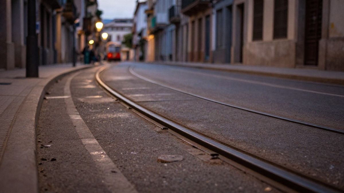 Imagen ilustrativa: vía de tranvía antigua en una calle vacía al atardecer, con raíles de acero en primer plano y luces desenfocadas al fondo