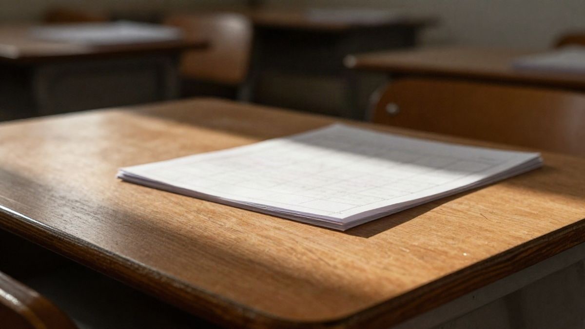 Imagen ilustrativa: mesa escolar de madera con un calendario de papel doblado, iluminada por luz cálida de mañana