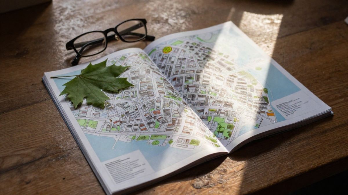 Imagen ilustrativa: una guía impresa con un mapa desplegado y una hoja verde sobre una mesa de madera, vista desde arriba