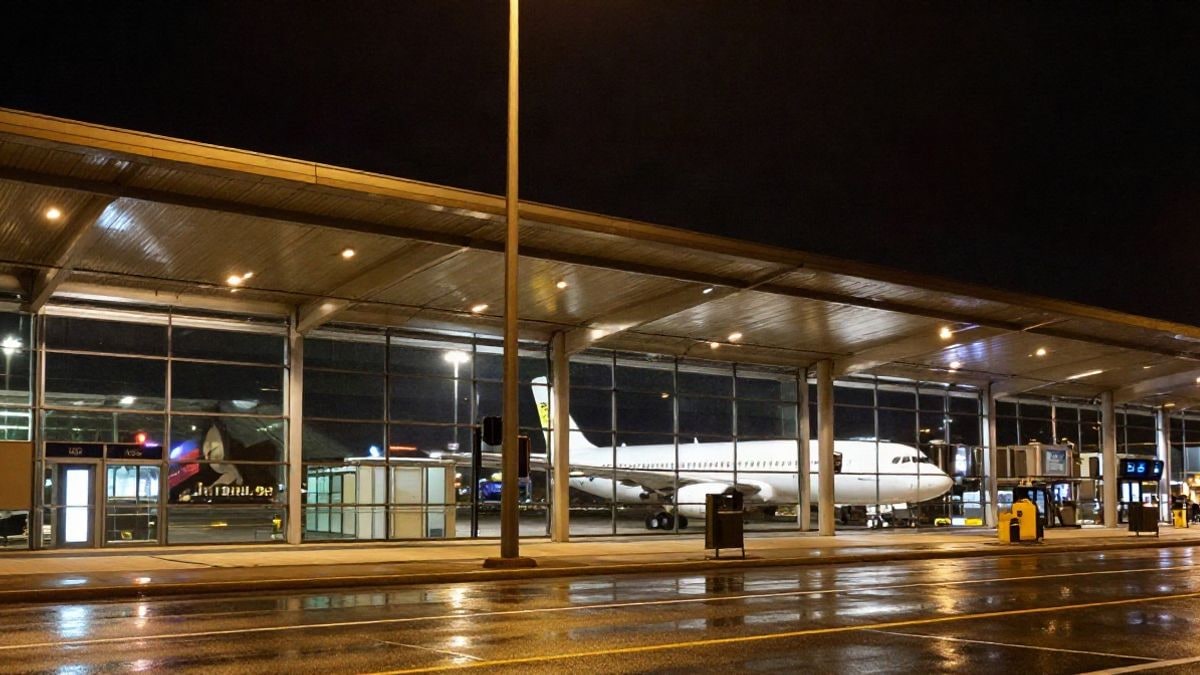 Imagen ilustrativa: fachada iluminada de una terminal de aeropuerto de noche