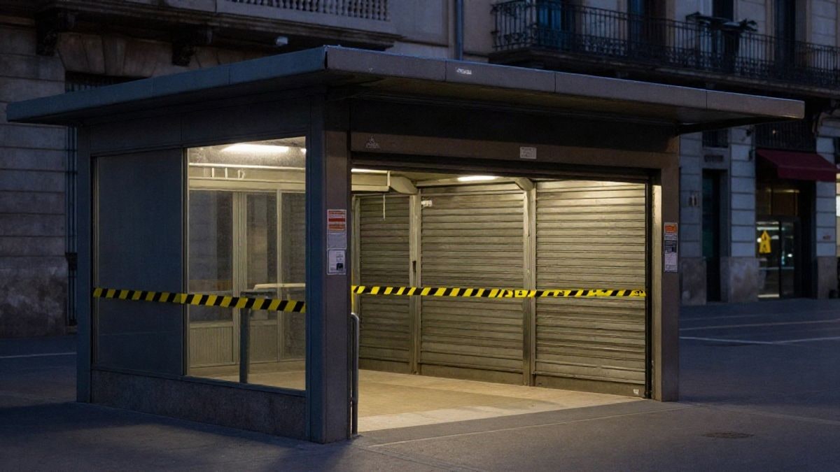 Imagen ilustrativa: entrada de una estación de metro cerrada con una persiana metálica medio bajada al atardecer