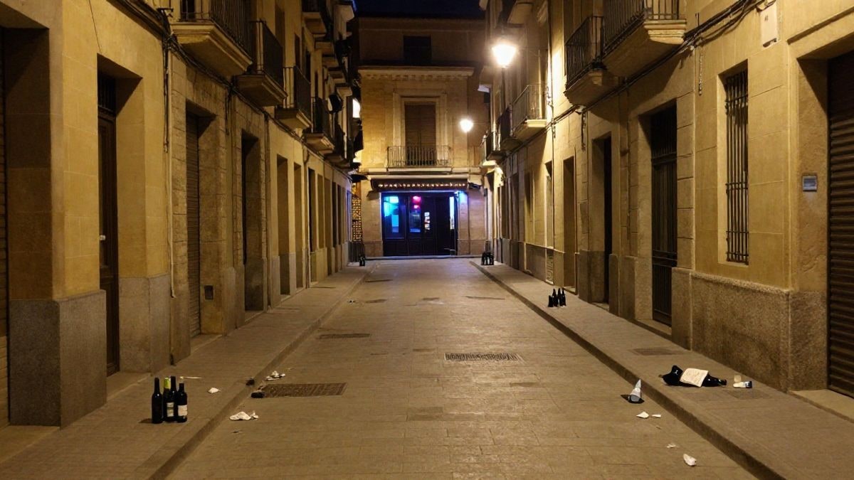 Imagen ilustrativa: calle estrecha de noche con botellas y restos en el suelo junto a la entrada de un local