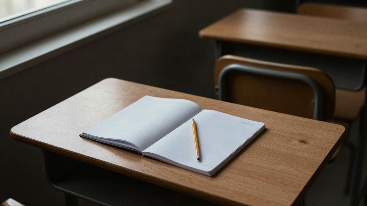 Imagen ilustrativa: pupitre vacío visto desde arriba en un aula sin alumnos, con una libreta cerrada y un lápiz