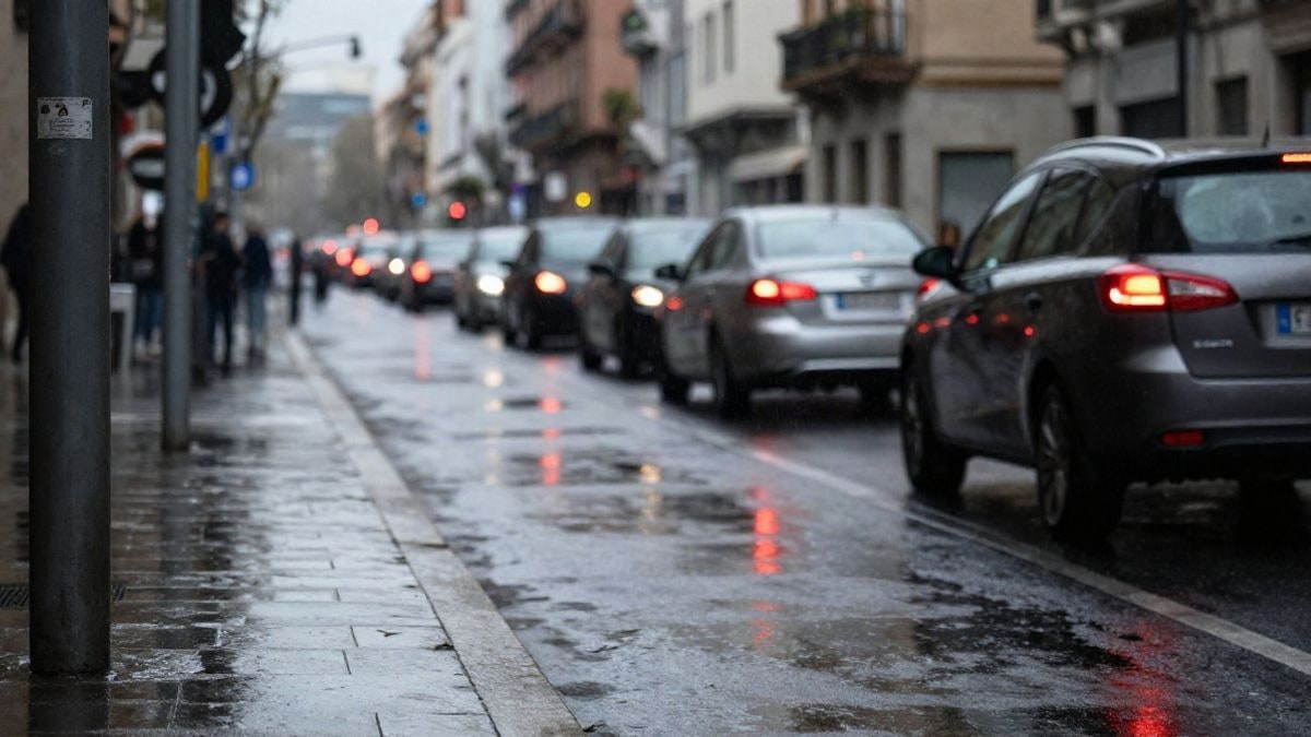 Imagen ilustrativa: calle urbana mojada por la lluvia con coches al fondo y luces de freno encendidas
