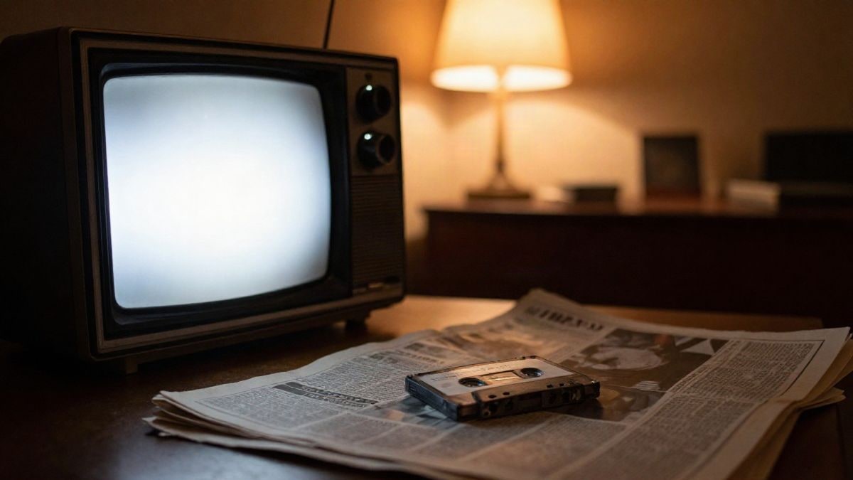 Imagen ilustrativa: un televisor antiguo iluminado en una habitación oscura, con periódicos amarillentos en primer plano
