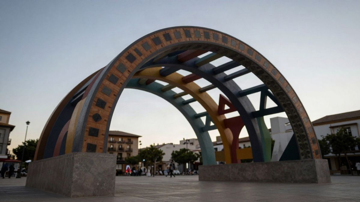 Imagen ilustrativa: arco urbano de colores con diseños geométricos en una plaza, visto desde un ángulo bajo