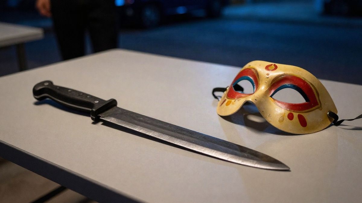 Imagen ilustrativa: un machete de hoja larga sobre una superficie neutra junto a una máscara genérica, bajo luz artificial nocturna