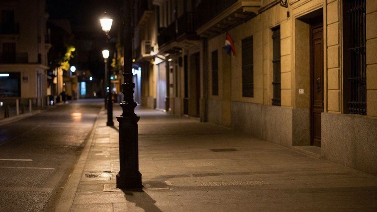 Imagen ilustrativa: una farola ilumina una acera vacía de un barrio urbano durante la noche