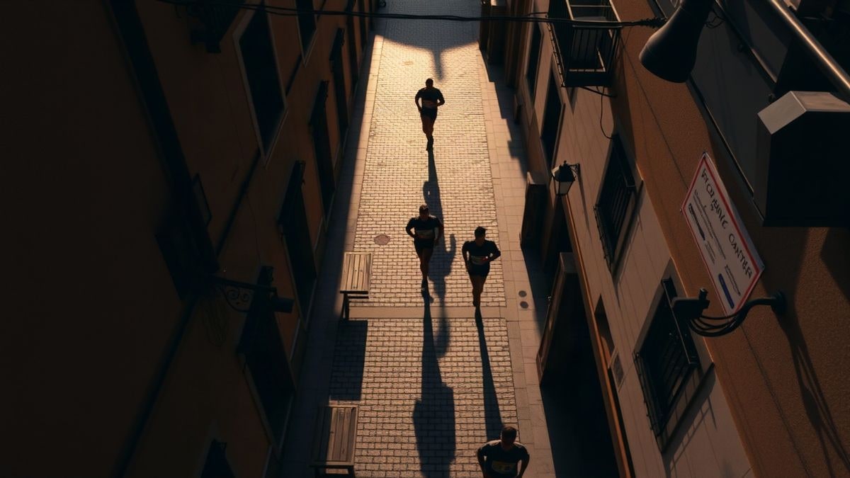 Imagen ilustrativa: vista cenital de una calle empedrada con barreras de madera y corredores difuminados al fondo.