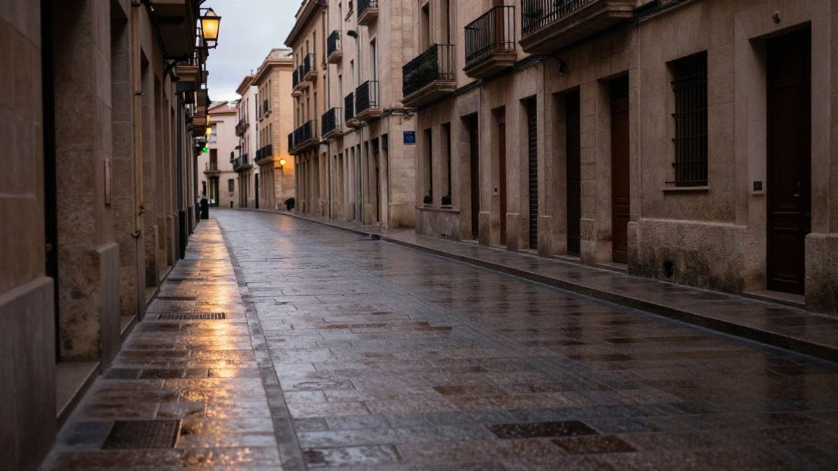 Imagen ilustrativa: una calle larga y vacía flanqueada por fachadas antiguas de piedra al atardecer