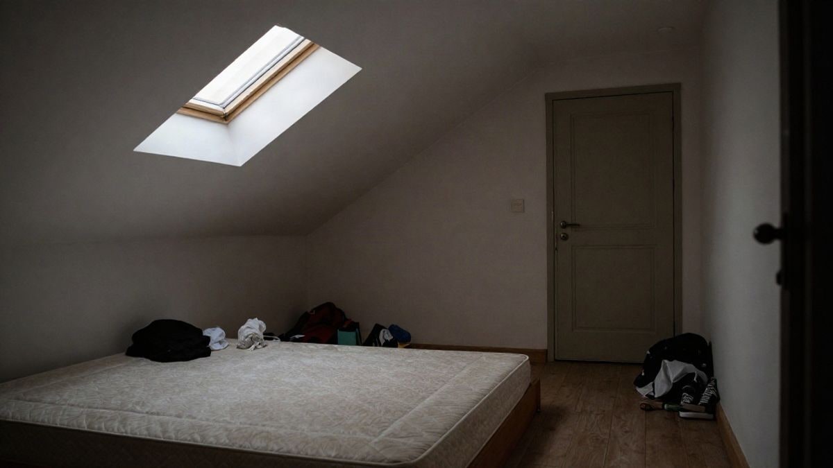 Imagen ilustrativa: habitación abuhardillada vacía con colchón en el suelo y luz lateral entrando por un tragaluz